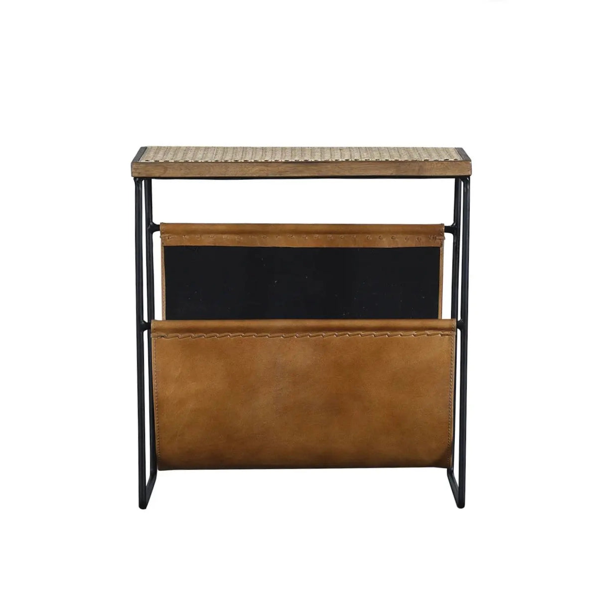 Leather and Rattan Magazine Rack Side Table - Matthew Izzo Collection