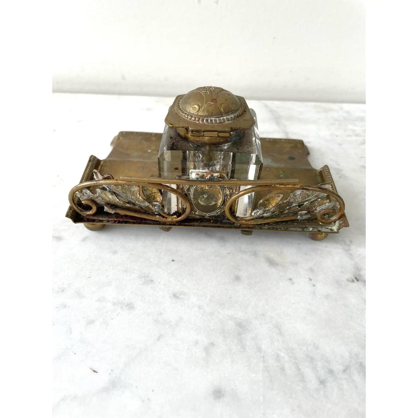 Art Nouveau Crystal and Brass Inkwell