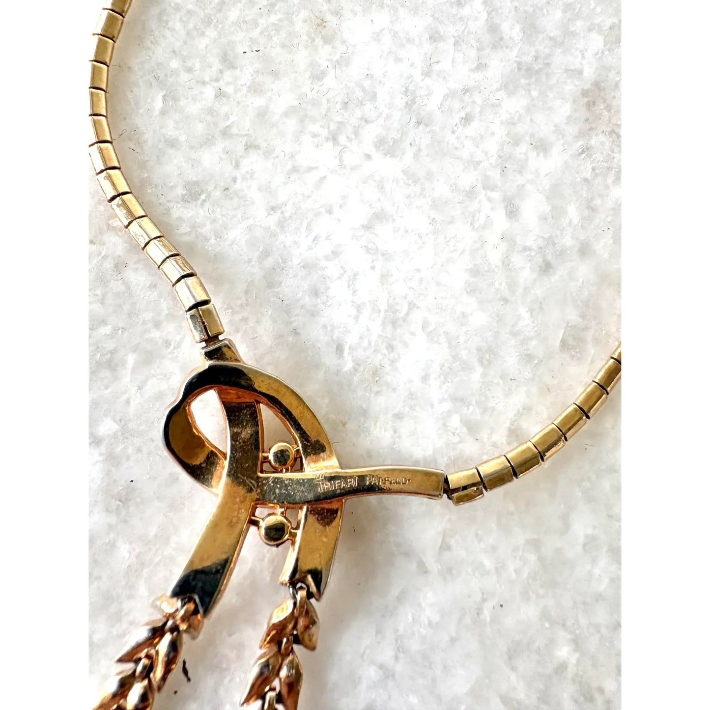 Vintage Crown Trifari Gold-Toned Emerald and Clear Rhinestone Necklace From 1949