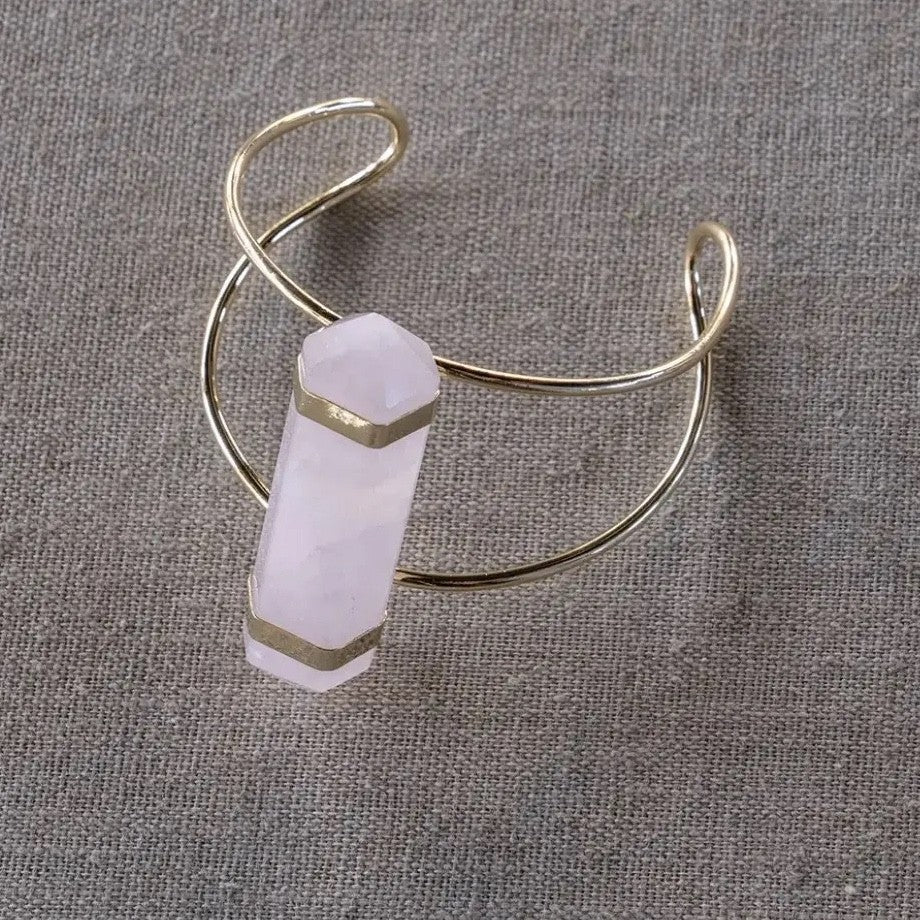 Rose Quartz and Gold Plated Wire Cuff Bracelet