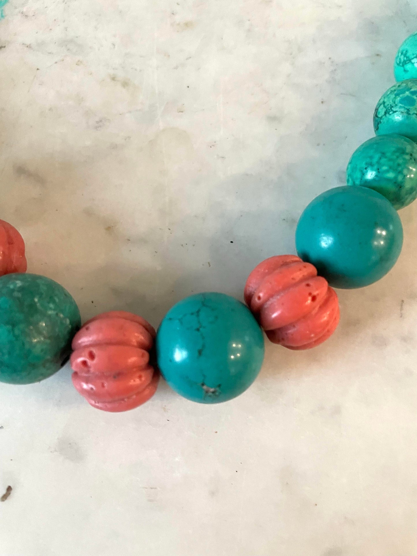 Turquoise and Antique Carved Coral Necklace by Matthew Izzo