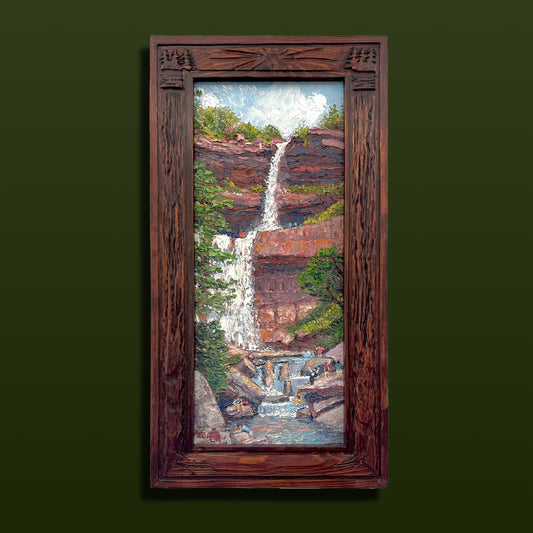 Kaaterskill Falls Oil Painting with Hand-Carved Cedar Frame by Karl Anshanslin