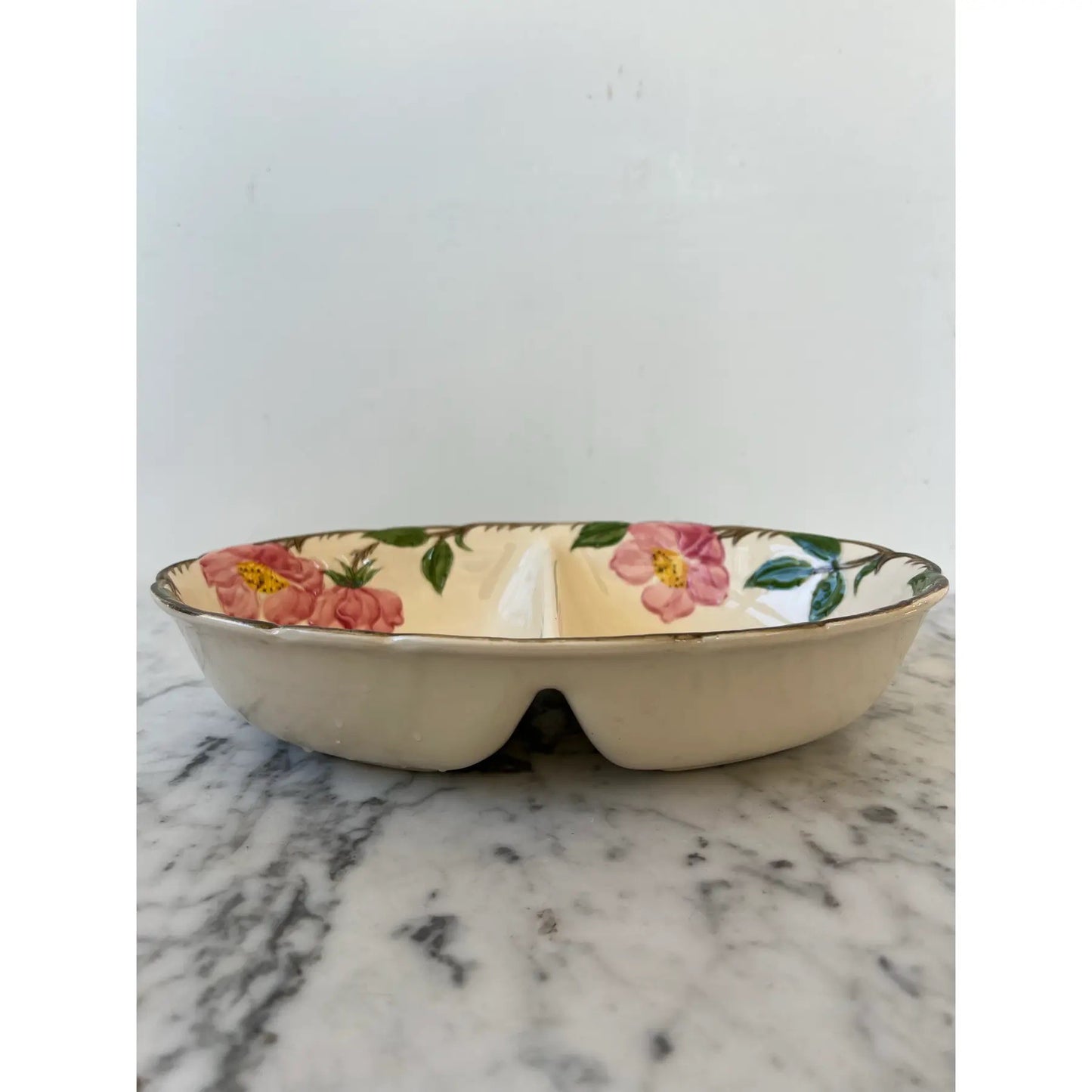 Franciscan Earthenware Pink & Green Floral, Oval Sectioned Serving Bowl - Oven Safe and Stamped